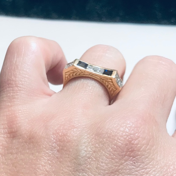 Solid 14K Yellow Gold Diamond & Sapphire Ring - Picture 13 of 16